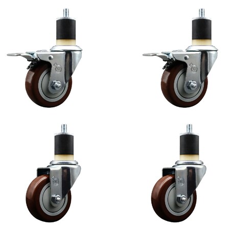 Service Caster 3.5'' SS Maroon Poly Swivel 1-7/8'' Expanding Stem Caster Set 2 Total Lock Brakes, 4PK SCC-SSEXTTL20S3514-PPUB-MRN-2S2-178